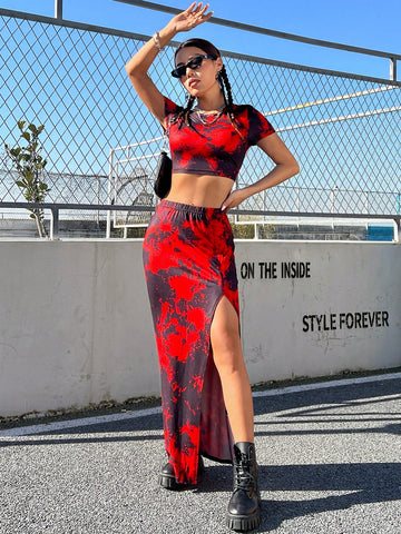 Tie Dye Crop Top & Slit Skirt Set