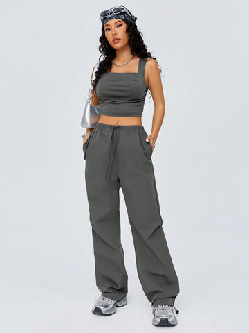 Vest With Pleat Design & Cargo Pants Two Piece Set