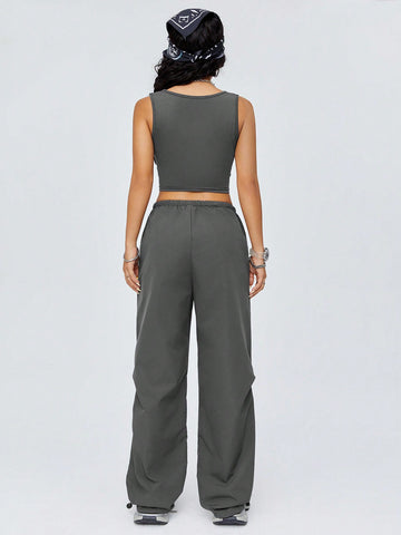 Vest With Pleat Design & Cargo Pants Two Piece Set