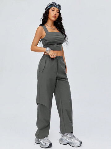 Vest With Pleat Design & Cargo Pants Two Piece Set