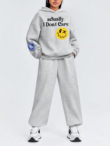 Women'S Cartoon Slogan Printed Hooded Fleece Sweatshirt And Sweatpants Two-Piece Set