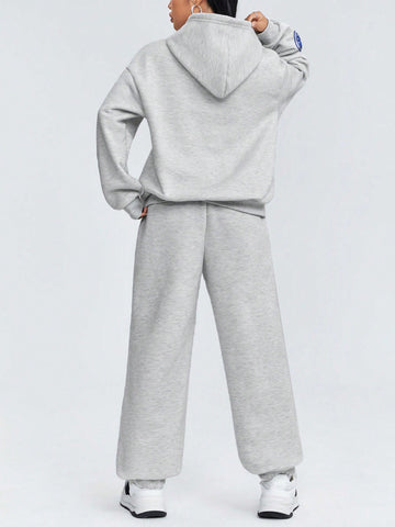 Women'S Cartoon Slogan Printed Hooded Fleece Sweatshirt And Sweatpants Two-Piece Set