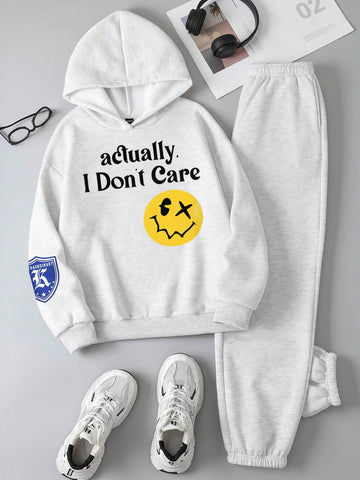 Women'S Cartoon Slogan Printed Hooded Fleece Sweatshirt And Sweatpants Two-Piece Set