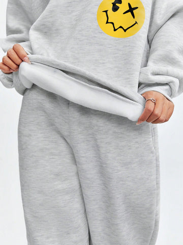 Women'S Cartoon Slogan Printed Hooded Fleece Sweatshirt And Sweatpants Two-Piece Set