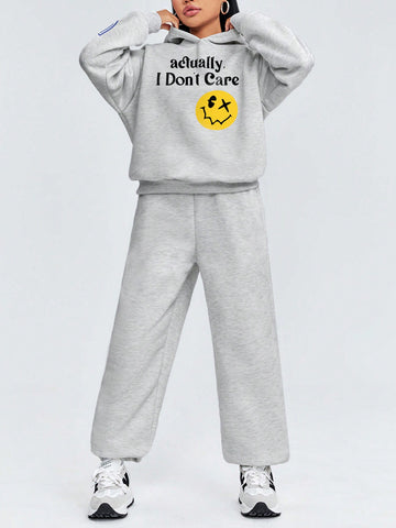 Women'S Cartoon Slogan Printed Hooded Fleece Sweatshirt And Sweatpants Two-Piece Set