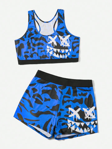 Women'S Face Printed Tank Top And Shorts Set