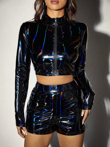 Women'S Holographic Pu Short Zipper Front Long Sleeve Top And Shorts Set