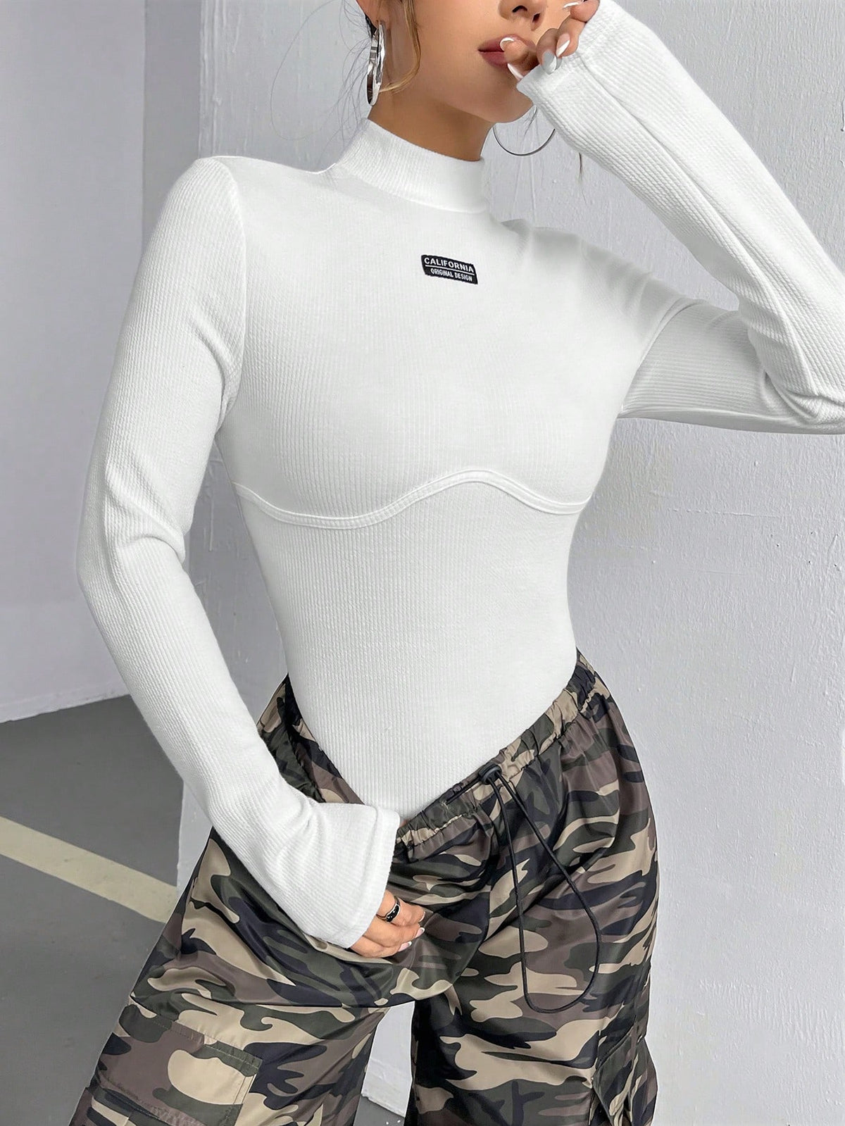 Women'S Letter Patch Stand Collar Long Sleeve Bodysuit