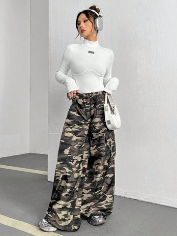Women'S Letter Patch Stand Collar Long Sleeve Bodysuit