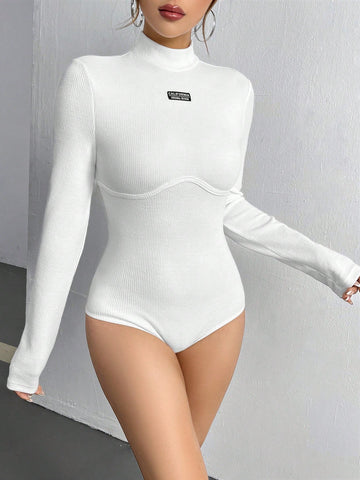Women'S Letter Patch Stand Collar Long Sleeve Bodysuit