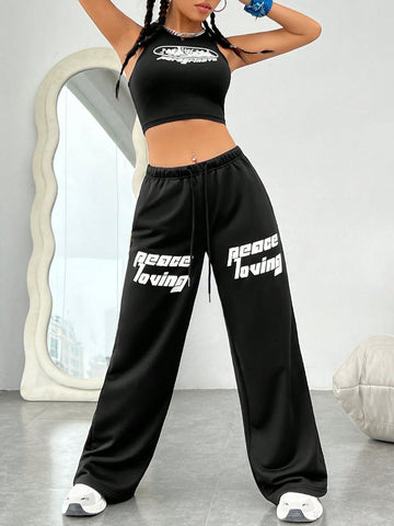 Women'S Letter Print Tank Top And Pants Set