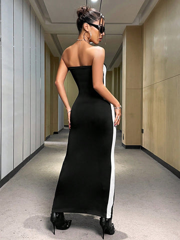 Women'S Side Contrast Stripe Bodycon Bandeau Dress