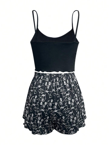 Women'S Skull & Palm Printed Tank Top And Shorts Set
