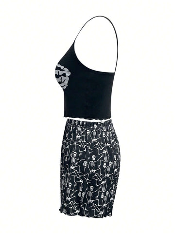 Women'S Skull & Palm Printed Tank Top And Shorts Set