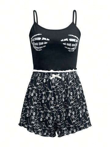 Women'S Skull & Palm Printed Tank Top And Shorts Set