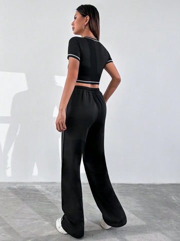 Women'S Slogan Contrast Line Short Sleeve T-Shirt And Pants Casual Sportswear Set