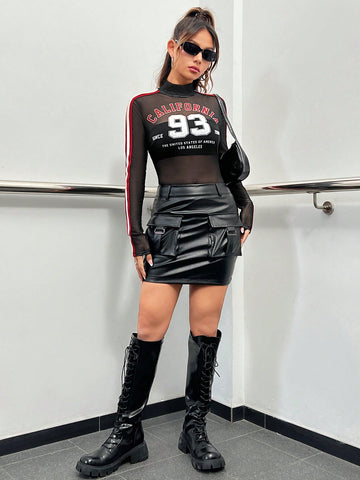 Women'S Stand Collar Mesh Splicing Letter Pattern Bodysuit