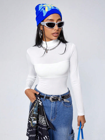 Women'S Stand Collar Sheer Mesh Insert Long Sleeve Bodysuit