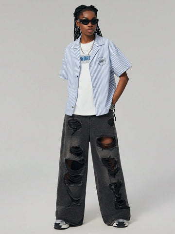 Coolane Women Blue And White Striped Hawaiian Collar Boyfriend Style Gothic Letter Shirt