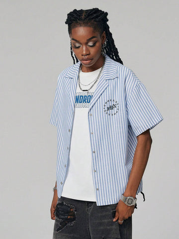 Coolane Women Blue And White Striped Hawaiian Collar Boyfriend Style Gothic Letter Shirt
