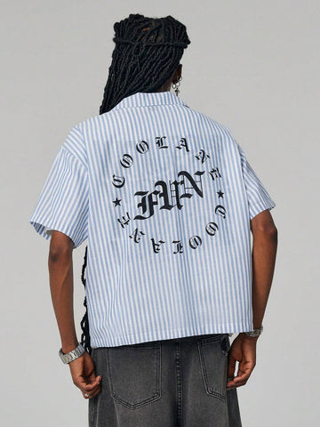 Coolane Women Blue And White Striped Hawaiian Collar Boyfriend Style Gothic Letter Shirt