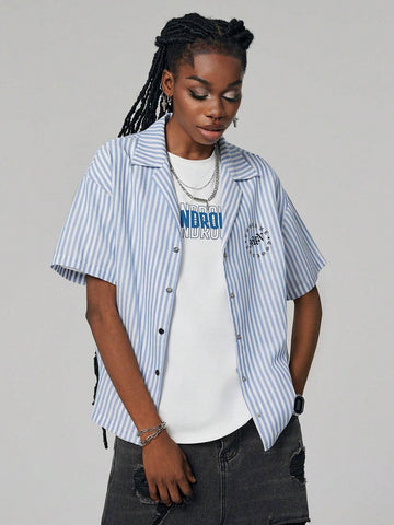 Coolane Women Blue And White Striped Hawaiian Collar Boyfriend Style Gothic Letter Shirt