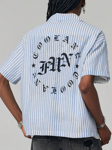 Coolane Women Blue And White Striped Hawaiian Collar Boyfriend Style Gothic Letter Shirt