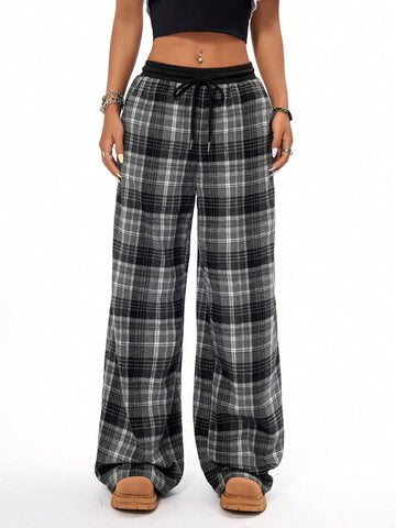 Coolane Women Casual Loose Checked Wide Leg Pants With Black And White Patchwork Design And Textured Feel