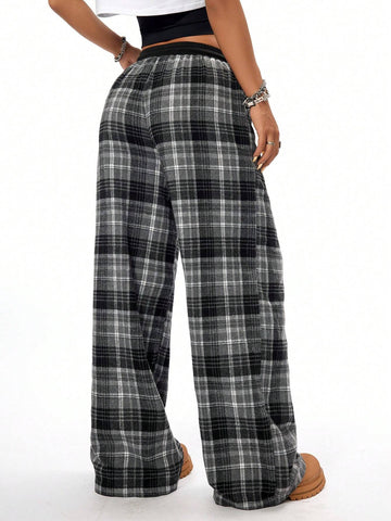 Coolane Women Casual Loose Checked Wide Leg Pants With Black And White Patchwork Design And Textured Feel