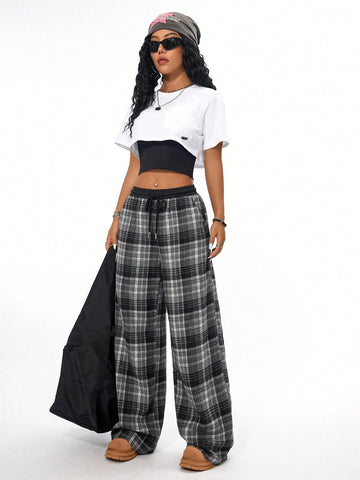 Coolane Women Casual Loose Checked Wide Leg Pants With Black And White Patchwork Design And Textured Feel