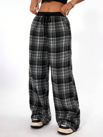 Coolane Women Casual Loose Checked Wide Leg Pants With Black And White Patchwork Design And Textured Feel