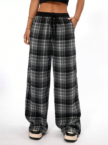 Coolane Women Casual Loose Checked Wide Leg Pants With Black And White Patchwork Design And Textured Feel