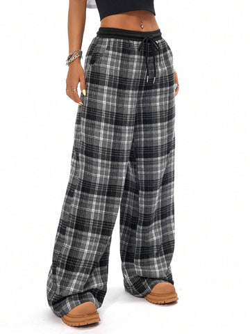 Coolane Women Casual Loose Checked Wide Leg Pants With Black And White Patchwork Design And Textured Feel