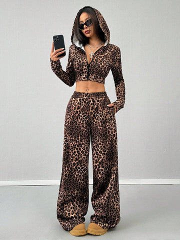 Women Fall/Winter Streetwear Long Sleeve Leopard Print Sweatshirt & Leopard Print Sweatpants Sets