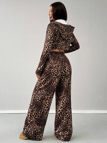 Women Fall/Winter Streetwear Long Sleeve Leopard Print Sweatshirt & Leopard Print Sweatpants Sets