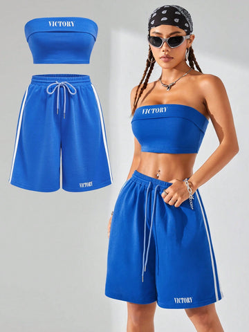 Women Fashionable Street Style Color Block Letter Pattern Tube Top & Wide Leg Mid-Calf Pants 2 Piece Set, Ideal For Spring & Summer, Women Two Piece Sets