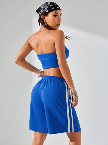 Women Fashionable Street Style Color Block Letter Pattern Tube Top & Wide Leg Mid-Calf Pants 2 Piece Set, Ideal For Spring & Summer, Women Two Piece Sets