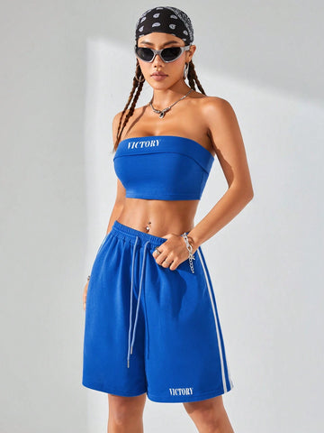 Women Fashionable Street Style Color Block Letter Pattern Tube Top & Wide Leg Mid-Calf Pants 2 Piece Set, Ideal For Spring & Summer, Women Two Piece Sets