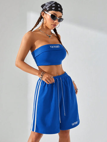 Women Fashionable Street Style Color Block Letter Pattern Tube Top & Wide Leg Mid-Calf Pants 2 Piece Set, Ideal For Spring & Summer, Women Two Piece Sets