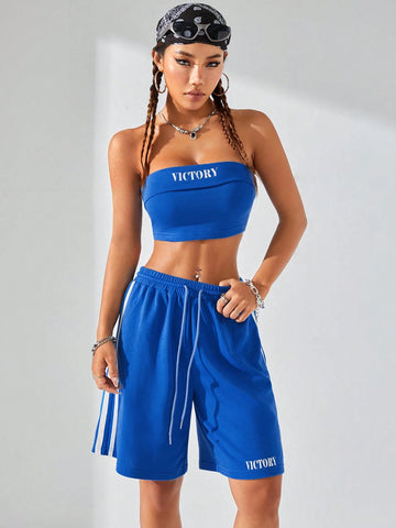 Women Fashionable Street Style Color Block Letter Pattern Tube Top & Wide Leg Mid-Calf Pants 2 Piece Set, Ideal For Spring & Summer, Women Two Piece Sets