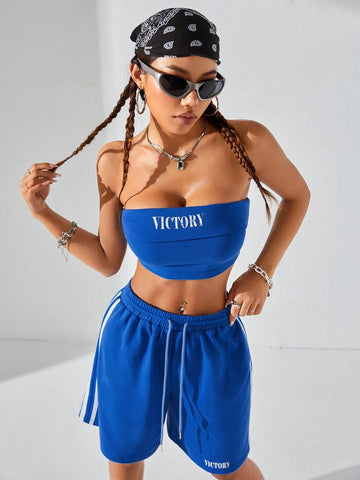 Women Fashionable Street Style Color Block Letter Pattern Tube Top & Wide Leg Mid-Calf Pants 2 Piece Set, Ideal For Spring & Summer, Women Two Piece Sets