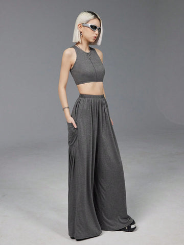 Women Irregular Hem Tank Top & Vest Set With Contrast Stitching, Casual And Versatile