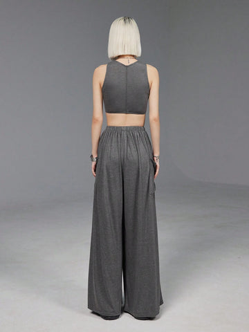 Women Irregular Hem Tank Top & Vest Set With Contrast Stitching, Casual And Versatile