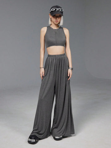 Women Irregular Hem Tank Top & Vest Set With Contrast Stitching, Casual And Versatile