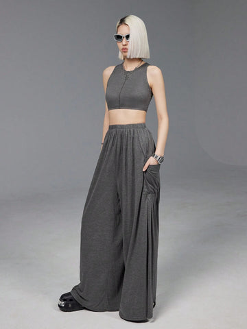 Women Irregular Hem Tank Top & Vest Set With Contrast Stitching, Casual And Versatile