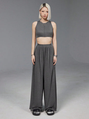 Women Irregular Hem Tank Top & Vest Set With Contrast Stitching, Casual And Versatile