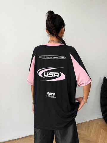 Coolane Women Letter Print Crew Neck Raglan Short Sleeve Loose Casual T-Shirt