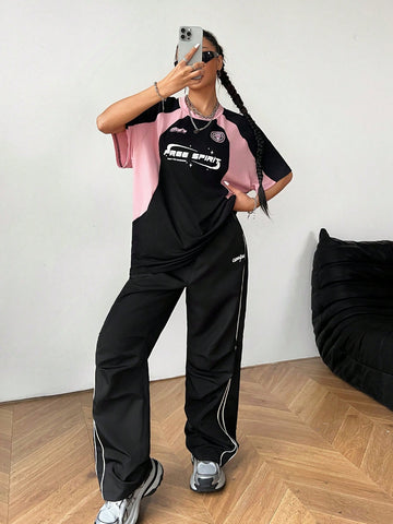 Coolane Women Letter Print Crew Neck Raglan Short Sleeve Loose Casual T-Shirt