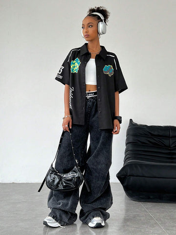 Coolane Women Loose Black Shirt With Letter Pattern