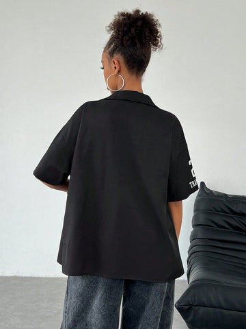 Coolane Women Loose Black Shirt With Letter Pattern